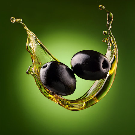 Olive oil splash with black olives on green background. 3d illustrationの素材