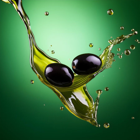 olive oil splash with olives on green background. 3d renderingの素材