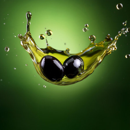 olive oil splash with black olives isolated on green background.の素材