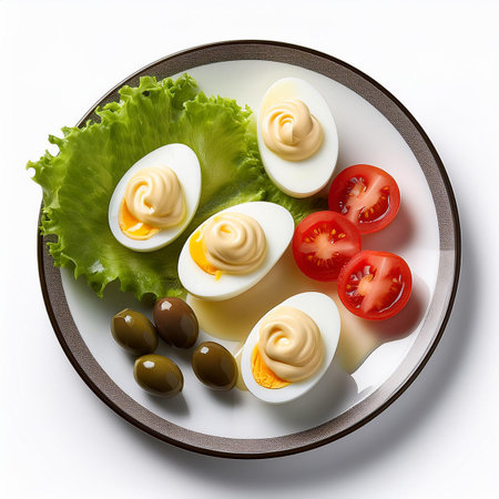 Boiled eggs with mayonnaise and olives on white backgroundの素材