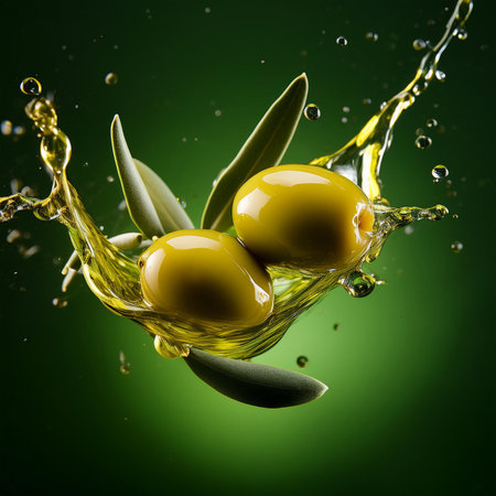 Olive oil splash with green olives on a dark green backgroundの素材