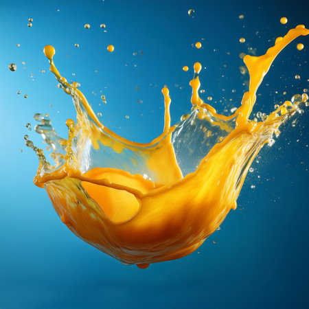 orange juice splash on blue background. 3d rendering, 3d illustration.の素材