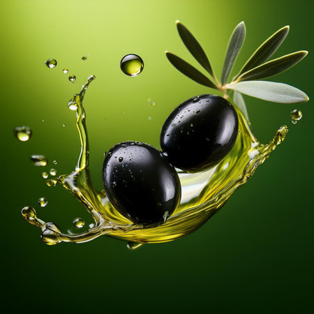 Olive oil splash with black olives and olive leaves on green backgroundの素材