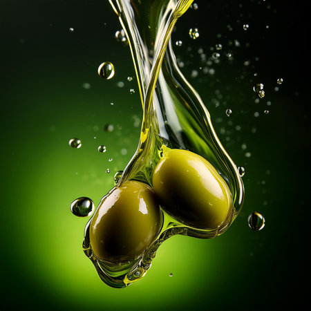 olive oil splash with green olives on a dark green backgroundの素材