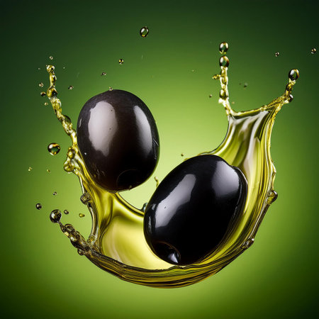 Black and green olives with oil splash on green background. 3d illustrationの素材