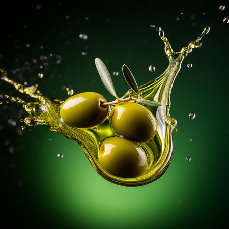 Olive oil splashing with green olives on dark green backgroundの素材