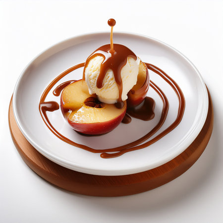 Chocolate ice cream with caramel sauce and apple on a white backgroundの素材