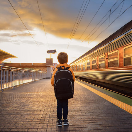 Boy waiting for the train on the platform of the station at sunsetの素材
