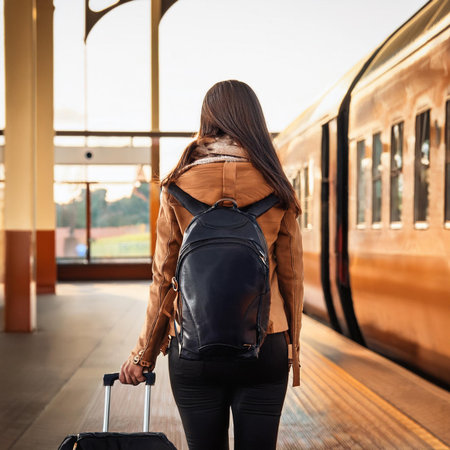 Back view of a young woman with a backpack and a suitcase at the train stationの素材