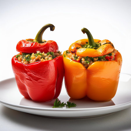 Stuffed bell peppers with bulgur and vegetables on white background.の素材