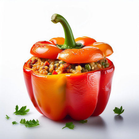 Stuffed bell pepper with bulgur and vegetables on white background.の素材