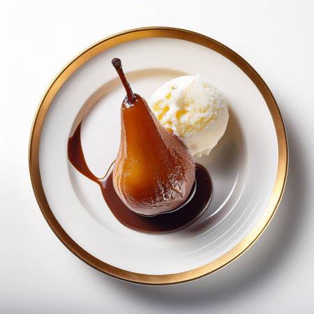 poached pear with ice cream and caramel sauce on a white backgroundの素材