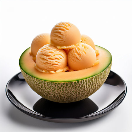 Melon ice cream in a melon bowl on a white backgroundの素材