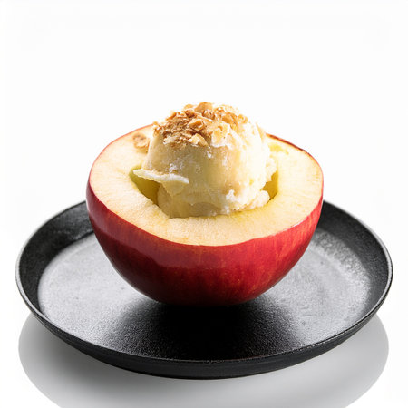 ice cream in a red apple on a black plate isolated on white backgroundの素材