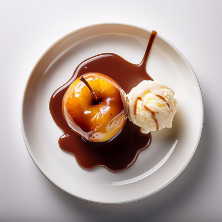 Apples with ice cream and chocolate sauce on a white plate.の素材