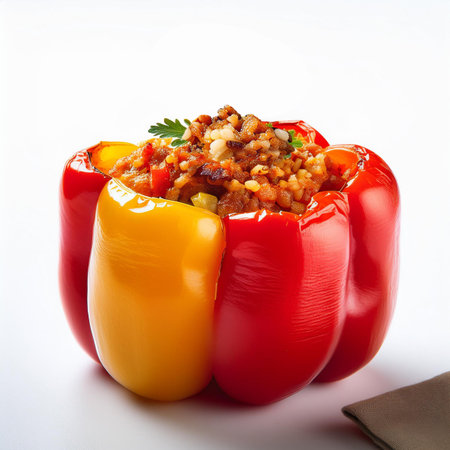 Red and yellow bell peppers stuffed with lentils and meat on a white backgroundの素材