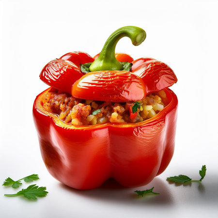 Stuffed bell peppers with meat, rice and vegetables on white backgroundの素材