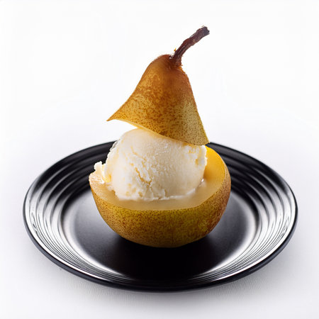 ice cream with pear on a black plate isolated on white background.の素材