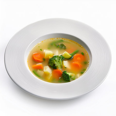 Vegetable soup in a white plate on a white background.の素材