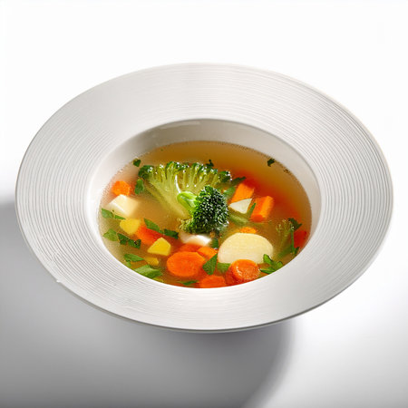 Vegetable soup in a white bowl on a white background.の素材