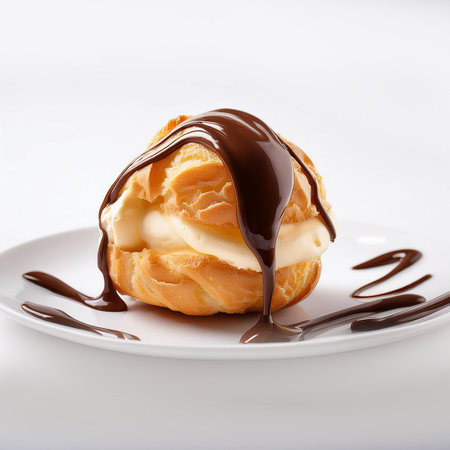 Choux cream with chocolate on a white plate, close-upの素材