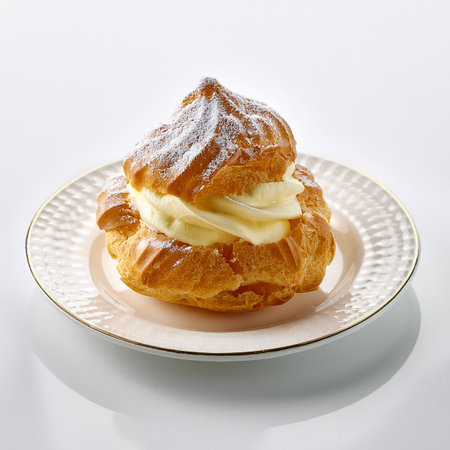 Cream puff with cream on a plate on a white background.の素材
