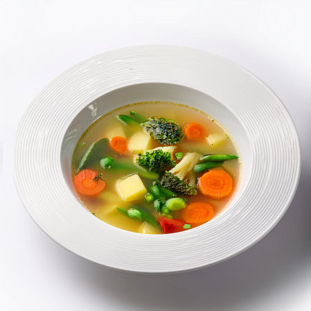 Vegetable soup in a white plate on a white background.の素材