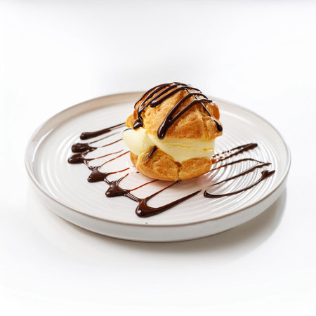 Cream puff with vanilla cream and chocolate syrup on a white plateの素材