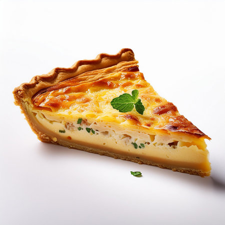 Piece of pie with cottage cheese and herbs on a white backgroundの素材