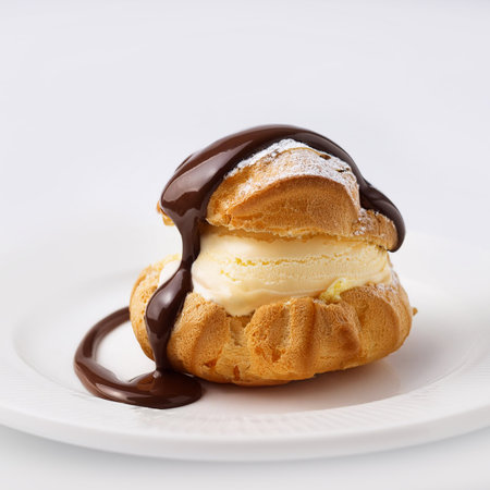 Cream puff with chocolate and vanilla ice cream on a white plateの素材
