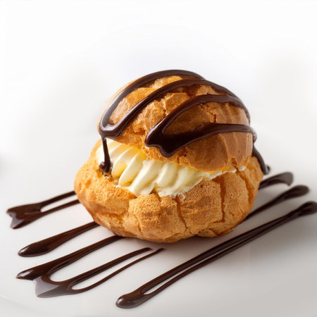 Choux cream with chocolate on a white background. Close-up.の素材