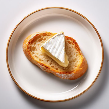 Bread with camembert cheese on a plate isolated on white backgroundの素材