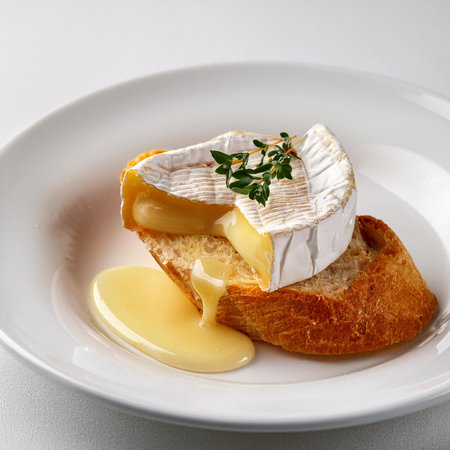 Camembert cheese with honey on a white plate, closeupの素材
