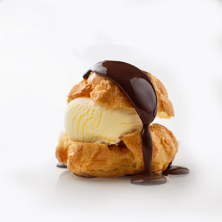 Cream puff with ice cream on a white background. Close up.の素材