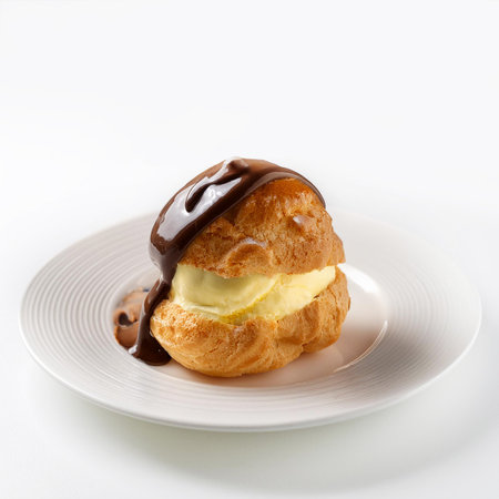 Eclair with chocolate and vanilla cream on a white plate, isolatedの素材
