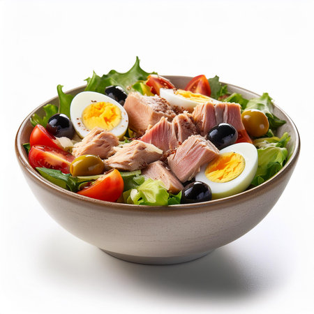 Salad with tuna, olives, tomatoes and eggs on white backgroundの素材