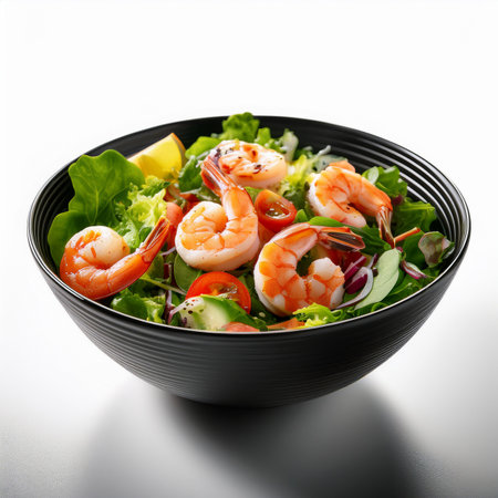 Salad with shrimps and vegetables in black bowl on white backgroundの素材