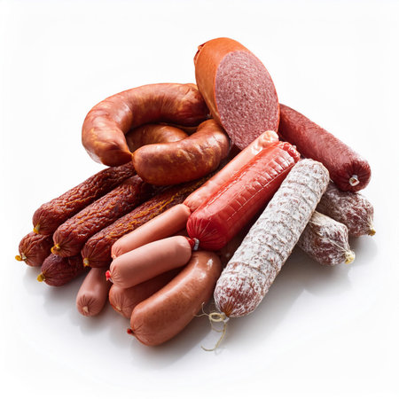 Assortment of sausages on a white background. Meat products.の素材