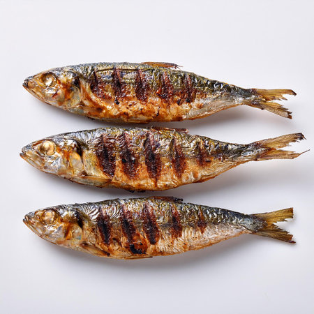 Grilled mackerel fish on white background. Top view.の素材