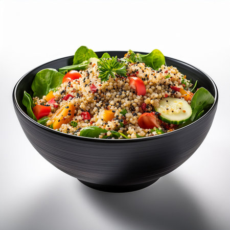 Quinoa salad in black bowl with vegetables and herbs on white backgroundの素材