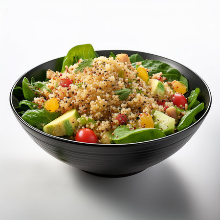 bowl of quinoa salad with avocado and cherry tomato on white backgroundの素材