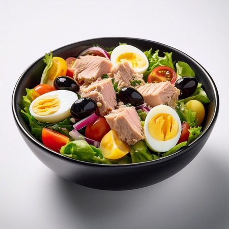 Salad with tuna, olives and vegetables in bowl on white backgroundの素材