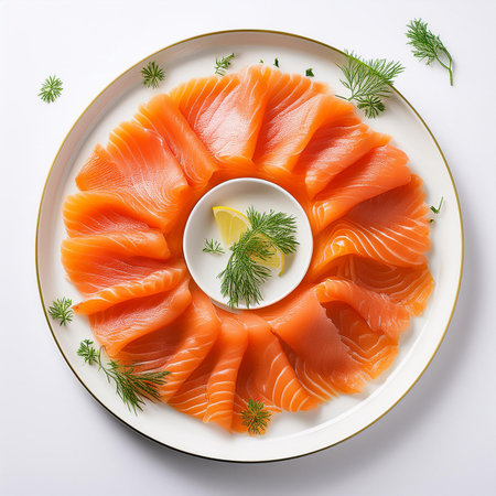 Slices of salmon with dill and lemon on white backgroundの素材