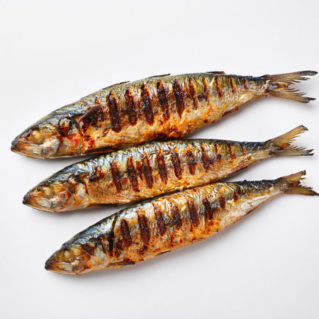 Fried mackerel isolated on white background. Top view.の素材