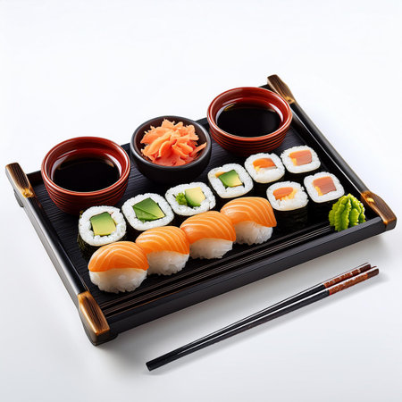 Sushi set on a black plate with chopsticks and soy sauceの素材