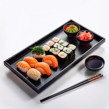 Sushi set on a black plate with chopsticks and wasabiの素材