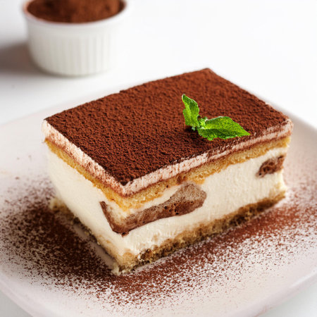 Classic tiramisu dessert on a white plate, square format.の素材