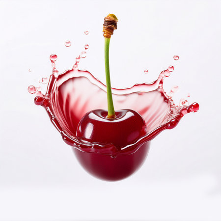 Cherry in juice splash isolated on white background, clipping path includedの素材