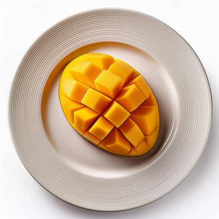 Mango on plate isolated on white background. 3D illustration.の素材