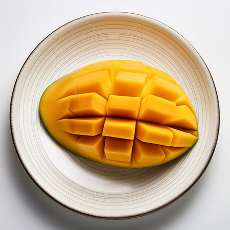 Mango fruit on a plate, isolated on white background, top viewの素材